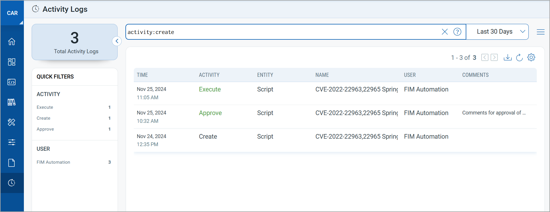 Activity Log filter by user